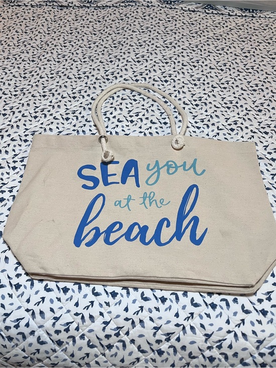Handbags - Canvas Beach Tote Bag - 'SEA you at the beach' - Natural with Blue Print
